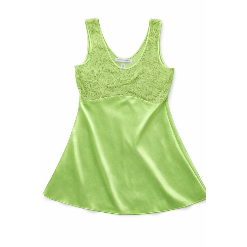 Victoria’s Secret Lime Green Lace Satin Nightie Chemise Lingerie Slip Womens S